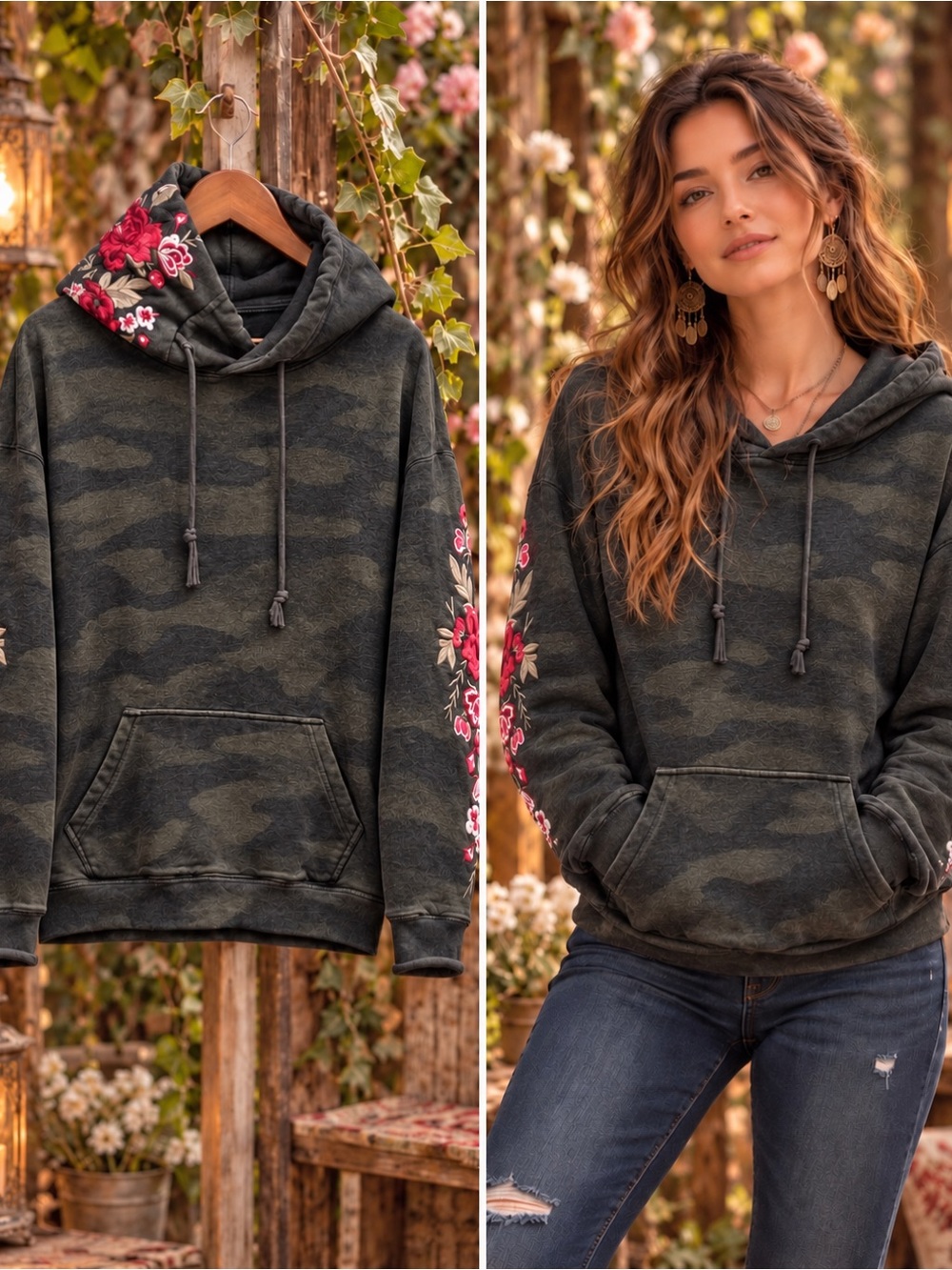 Johnny Was Floral-Accent Dark Green Camo Hoodie - Women